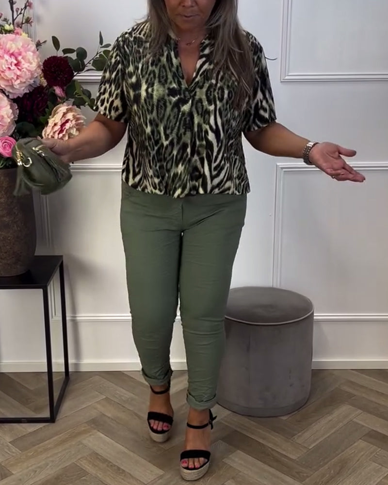 Bluse Mode Leopardprint Korte Ærmer
