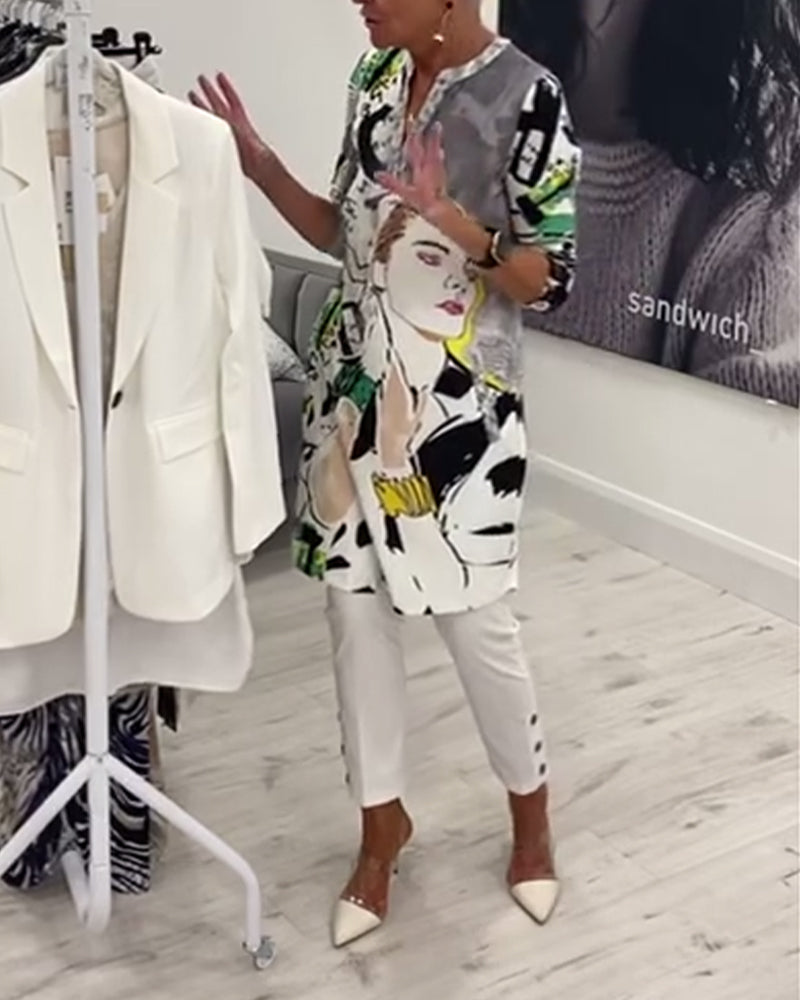 Afslappet lang top med portrætprint