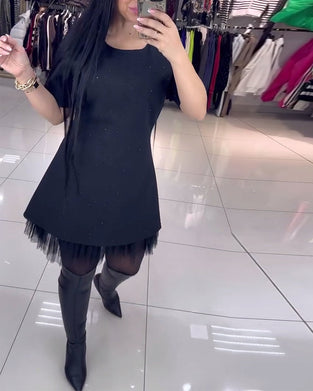 Kjole Med Kortærmet Mesh-Nederdel Med Perlesømme