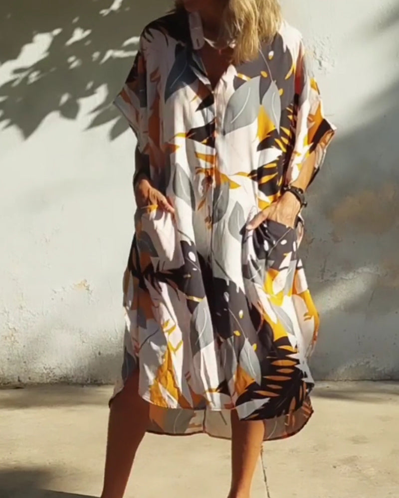 Kjole med lommer og bladprint