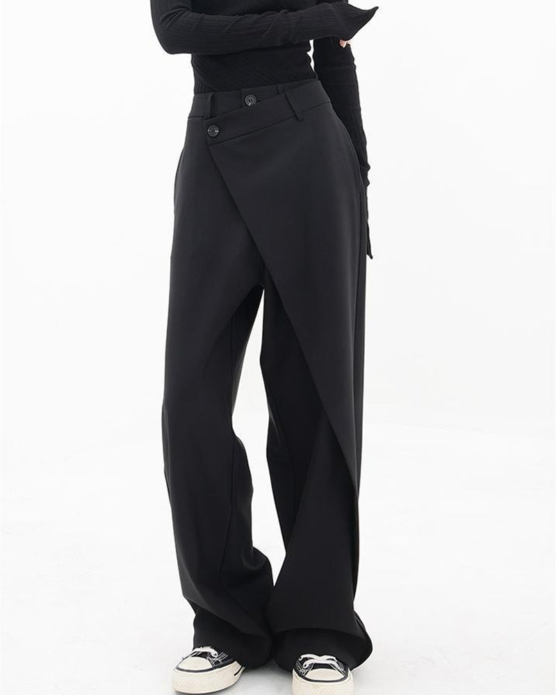 Ensfarvede patchwork bukser med tværgående knaplukning