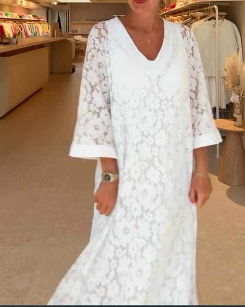 Kjole V-hals Hullet Spids Blomst Løs