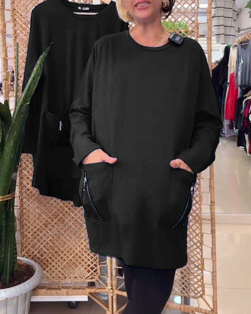 Ensfarvet lynlåslomme til sweatshirt med rund hals