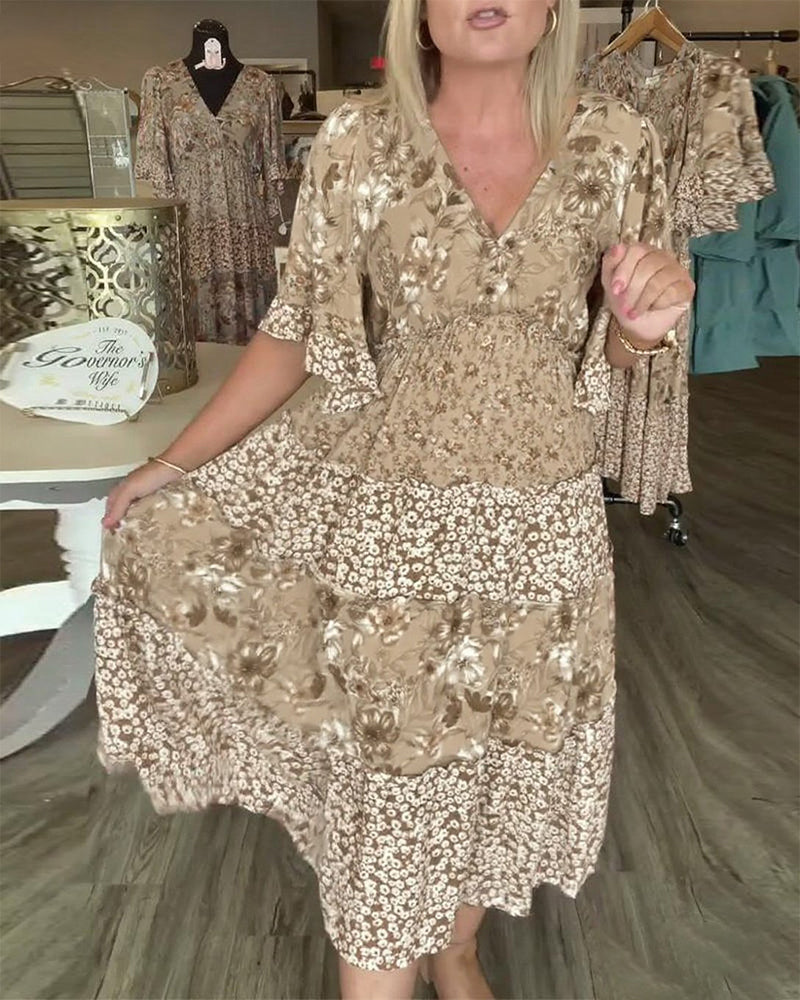 Kjole V-Hals Lotussærme Blomstret