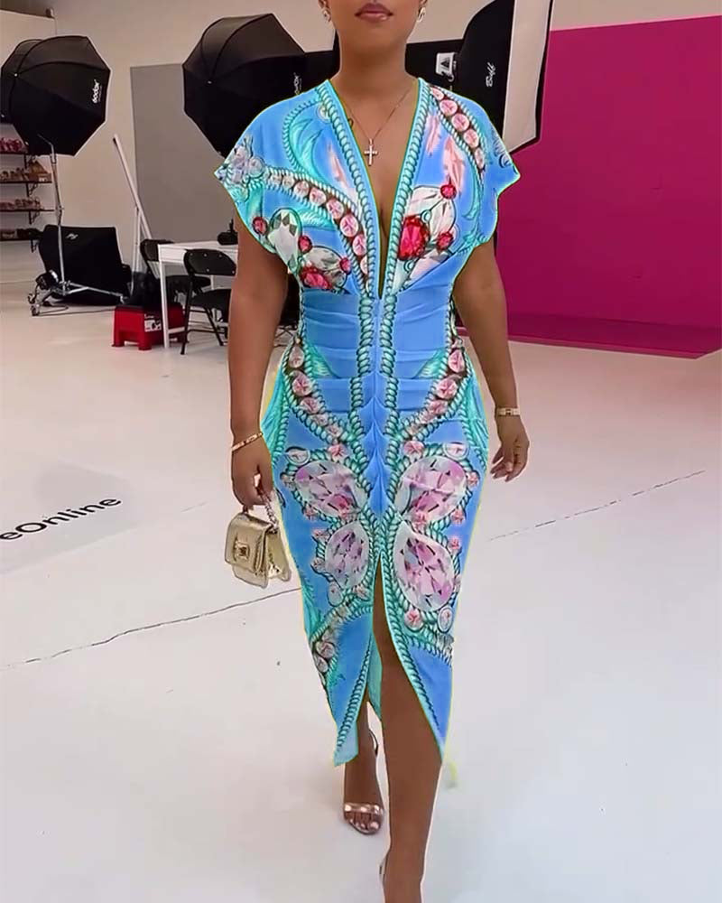 Gul slim fit kjole med print