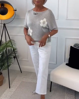 Slim fit striktrøje med rund hals og blomstermotiver