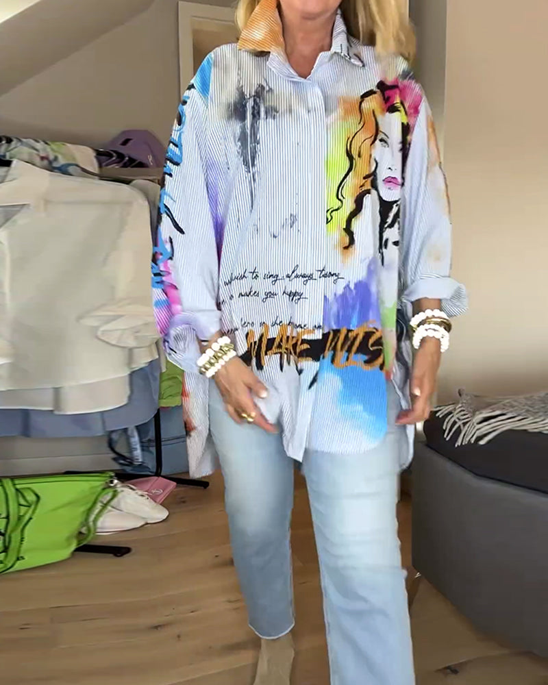 Stilfuld langærmet skjorte med portrætprint