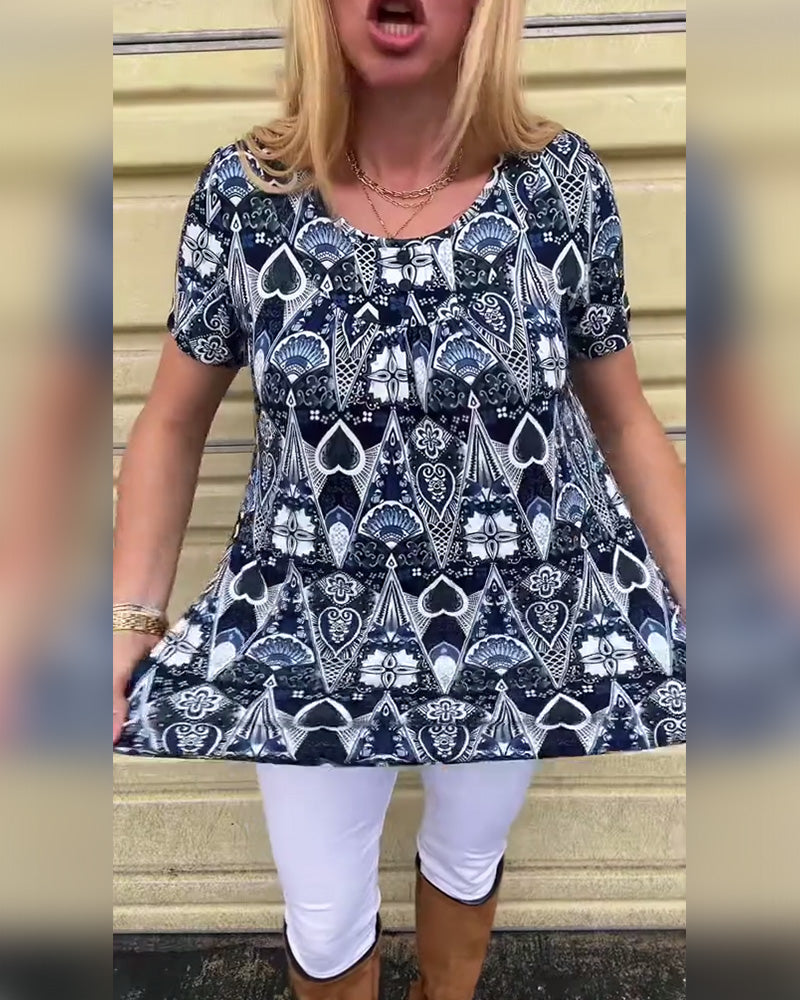 T-shirt med rund hals og print, afslappet retro-print