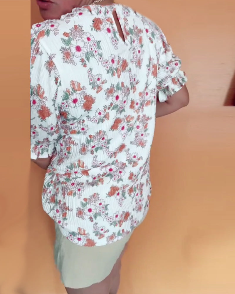 Bluse Rund Hals Blomstret Kort Ærme
