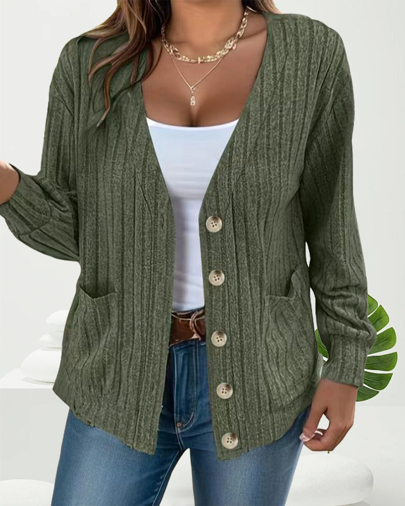 Ensfarvet V-halset langærmet cardigan