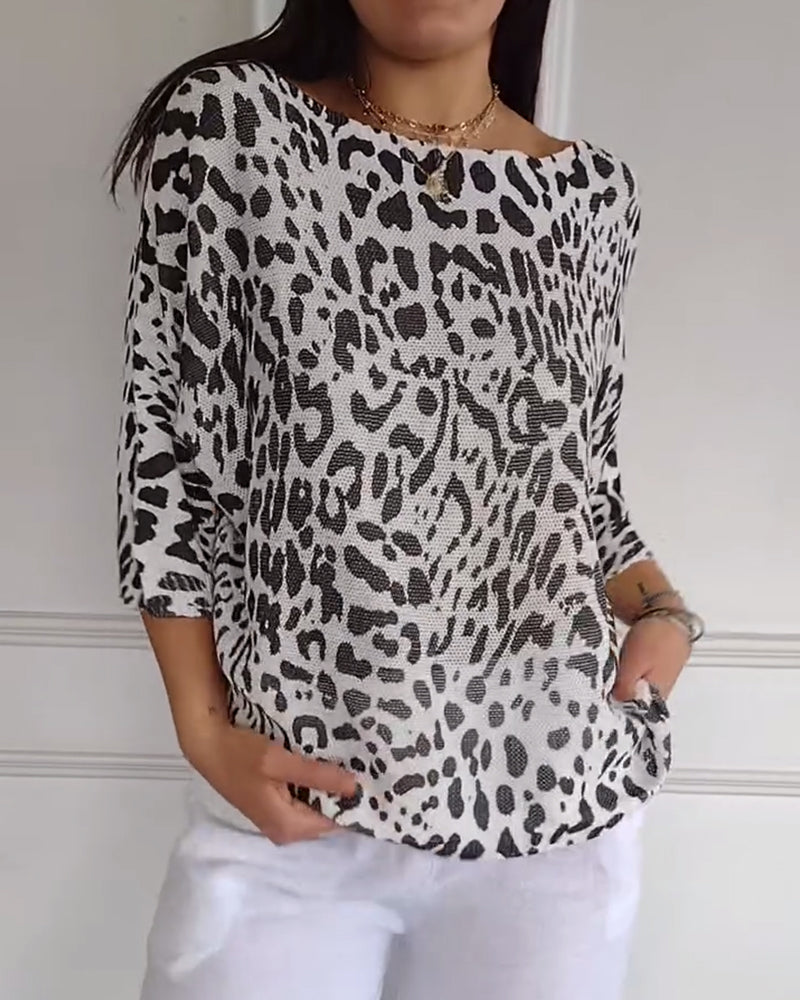 Sweater Trekvartærme Leopardprint Løstsiddende