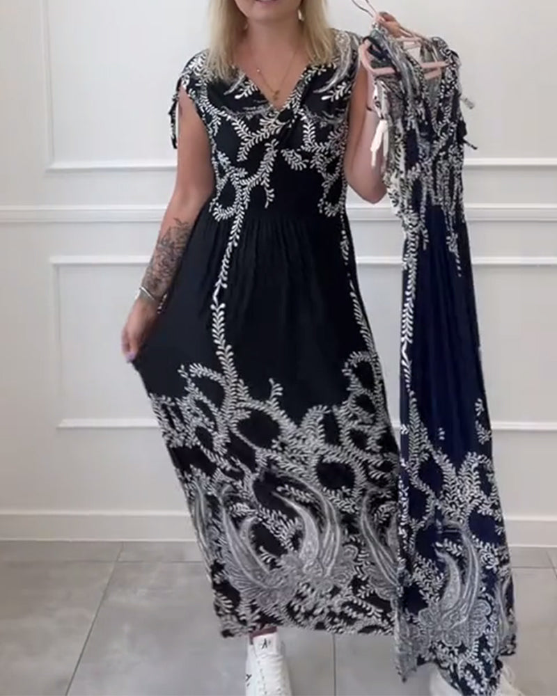 Kjole Med V-Hals Og Print I Vintage-Stil