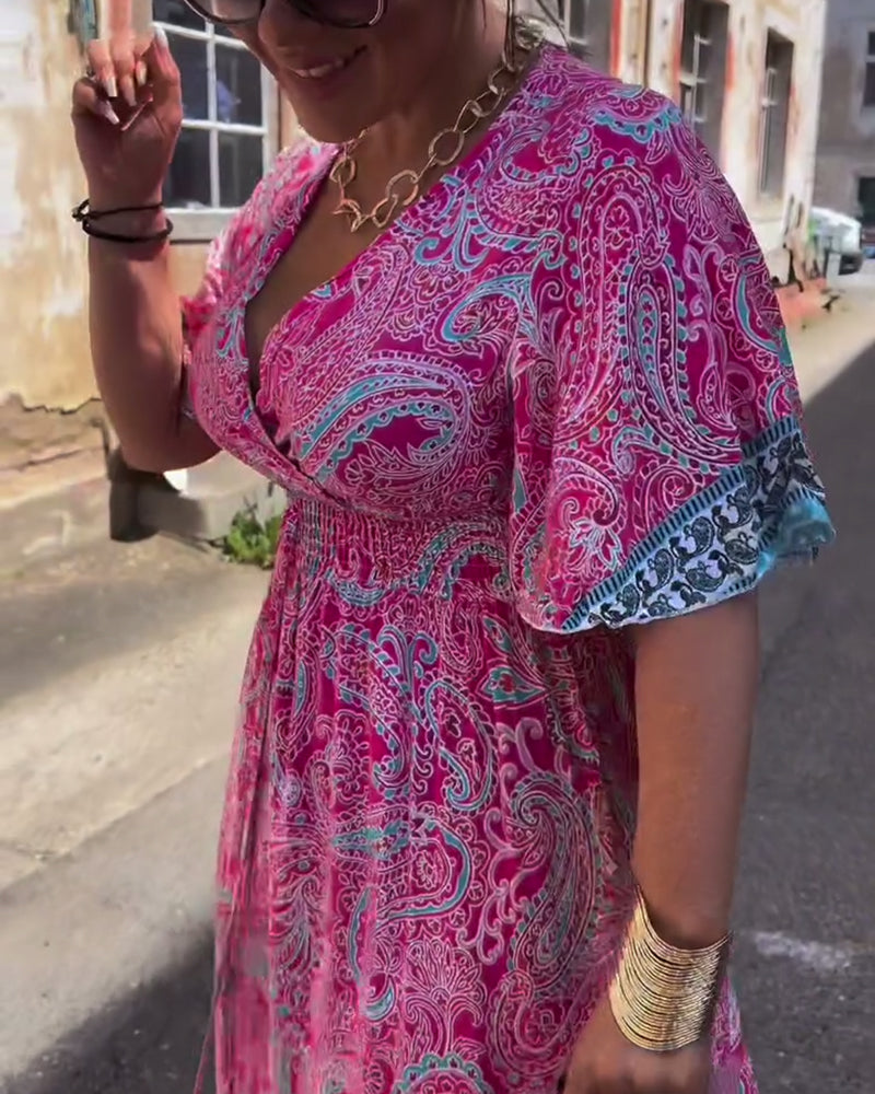 Kjole V-hals Trykt Talje