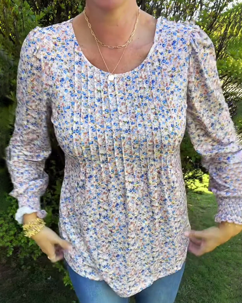 Puffærme-Blomstret Plisseret Top