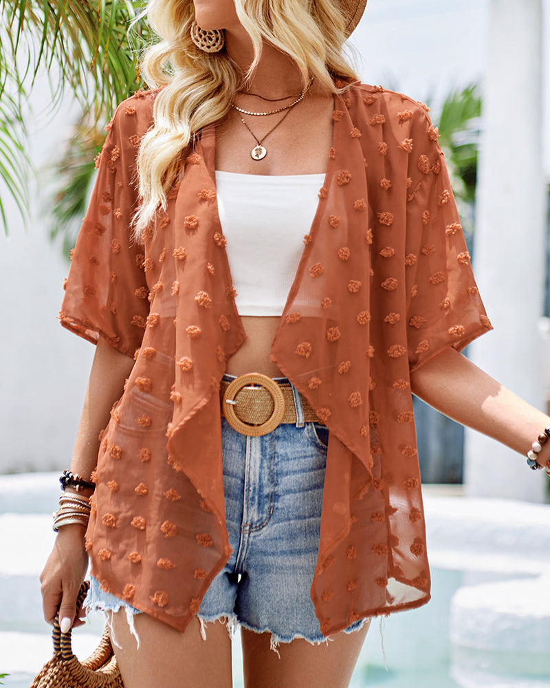 Ensfarvet tynd jacquard cardigan med korte ærmer