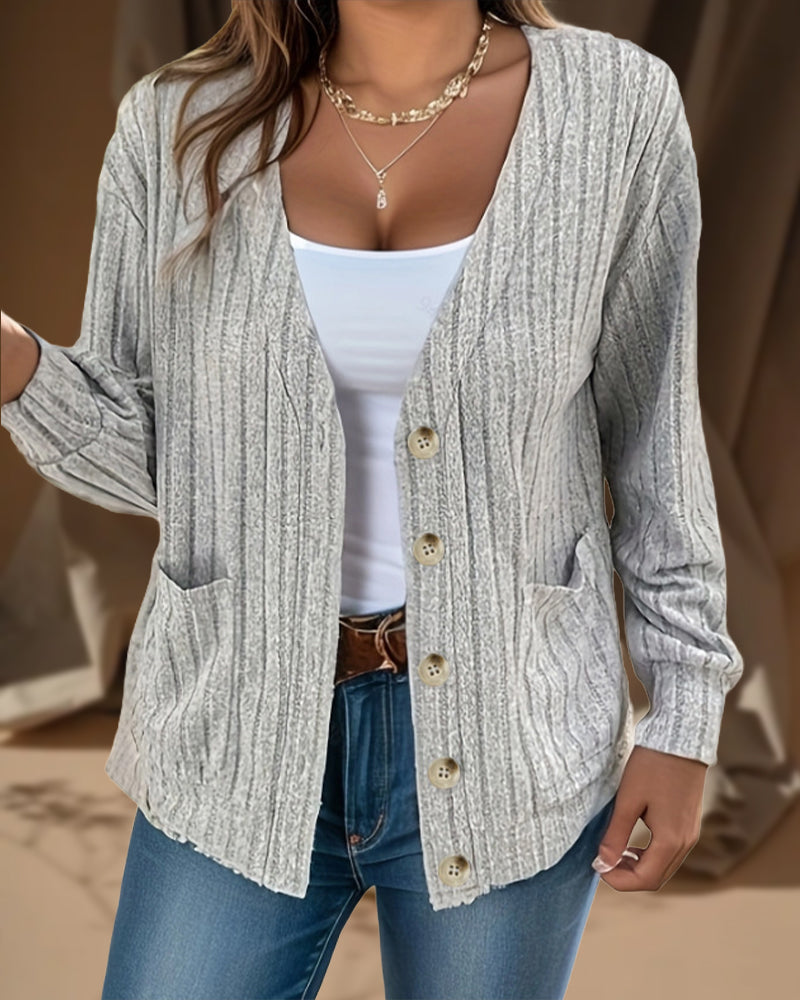 Ensfarvet V-halset langærmet cardigan