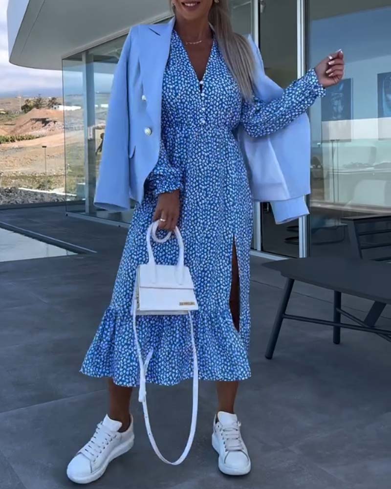 V-hals blomstret patchworkkjole