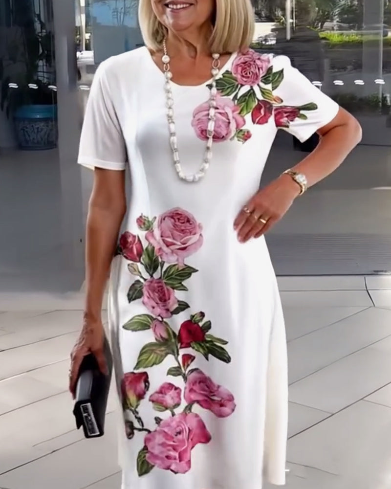 Kjole Korte Ærmer Rosetryk Shift