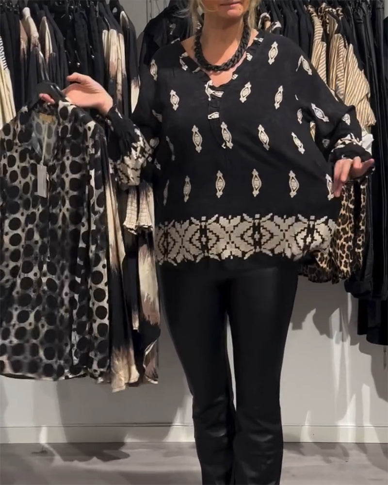 Skjorte v-hals lanterne ærme printet