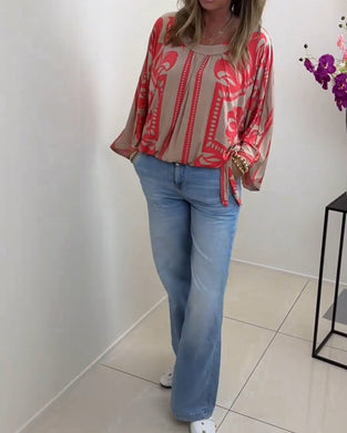 Rundhalset langærmet hverdagstop med print