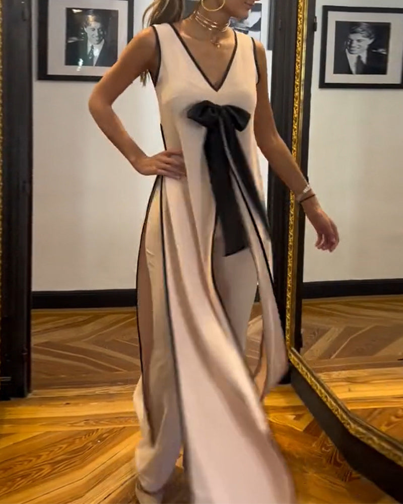 Ensfarvet to-delt sæt | Bluse med sløjfe og bukser