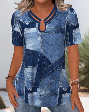 Bluse Vintage Denim Kontrast Udskæring