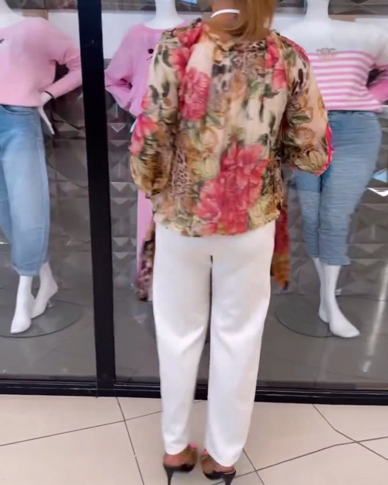 Bluse Med V-Hals Blomsterprint