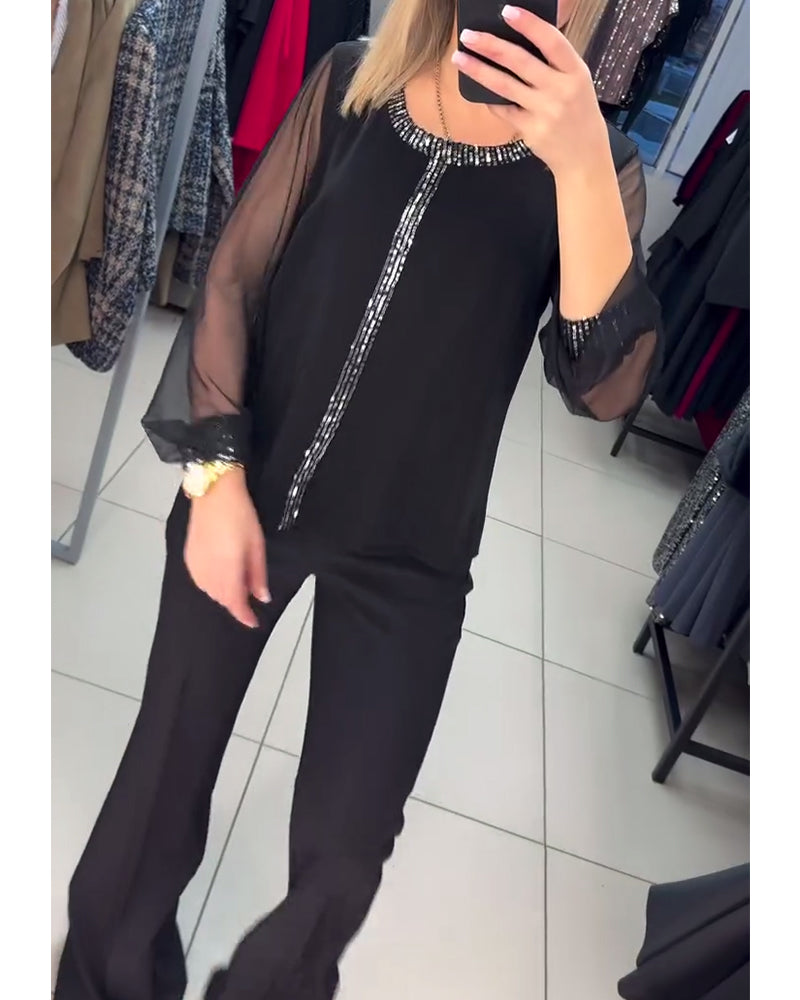 Bluse Pailletter Panel Langærmet