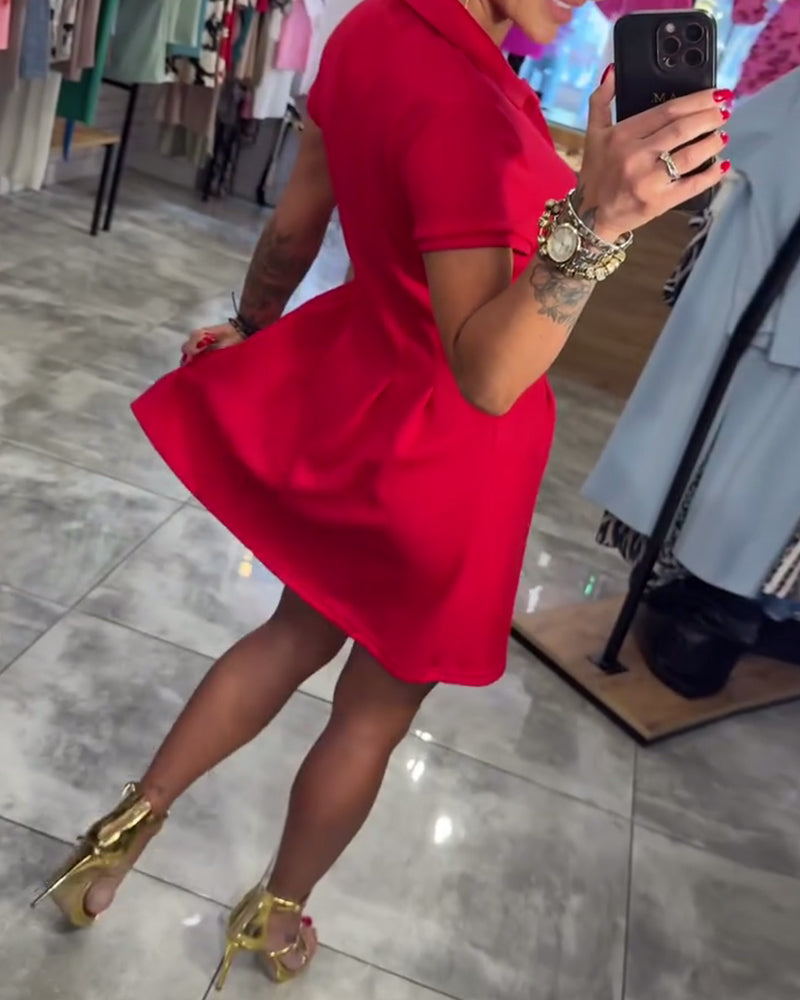 Kjole Revers Kortærmet Plisseret A-Linje