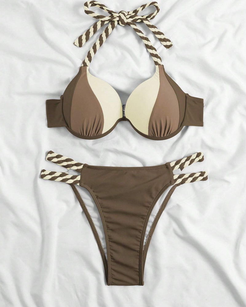 Halterneck bikini med brun-hvid farveblok