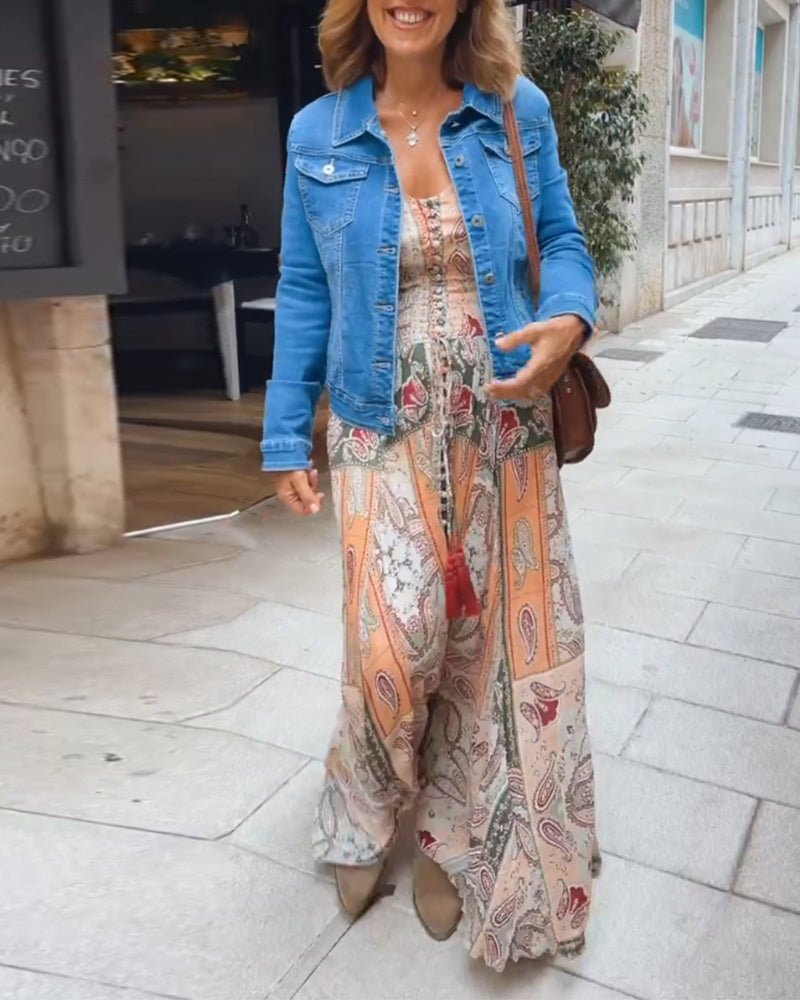 Langærmet kjole med V-udskæring og Paisley-print