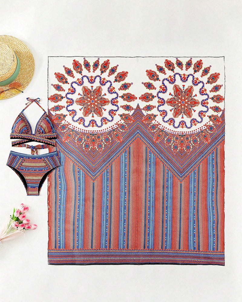 Bikinisæt med sjal i batik-stil