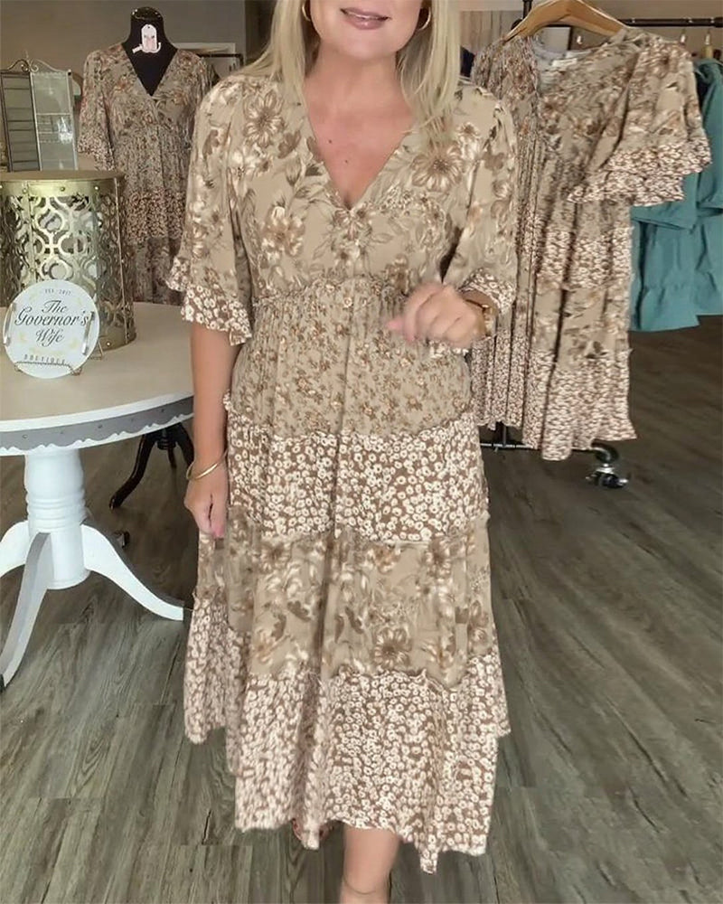 Kjole V-Hals Lotussærme Blomstret