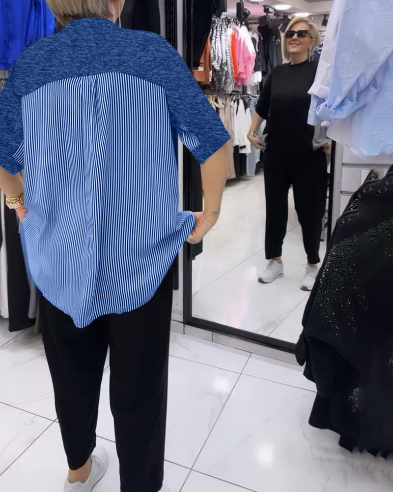 Afslappet sort bluse med nålestribet ryg