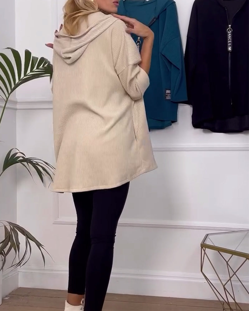 Casual ensfarvet hættejakke med lynlås