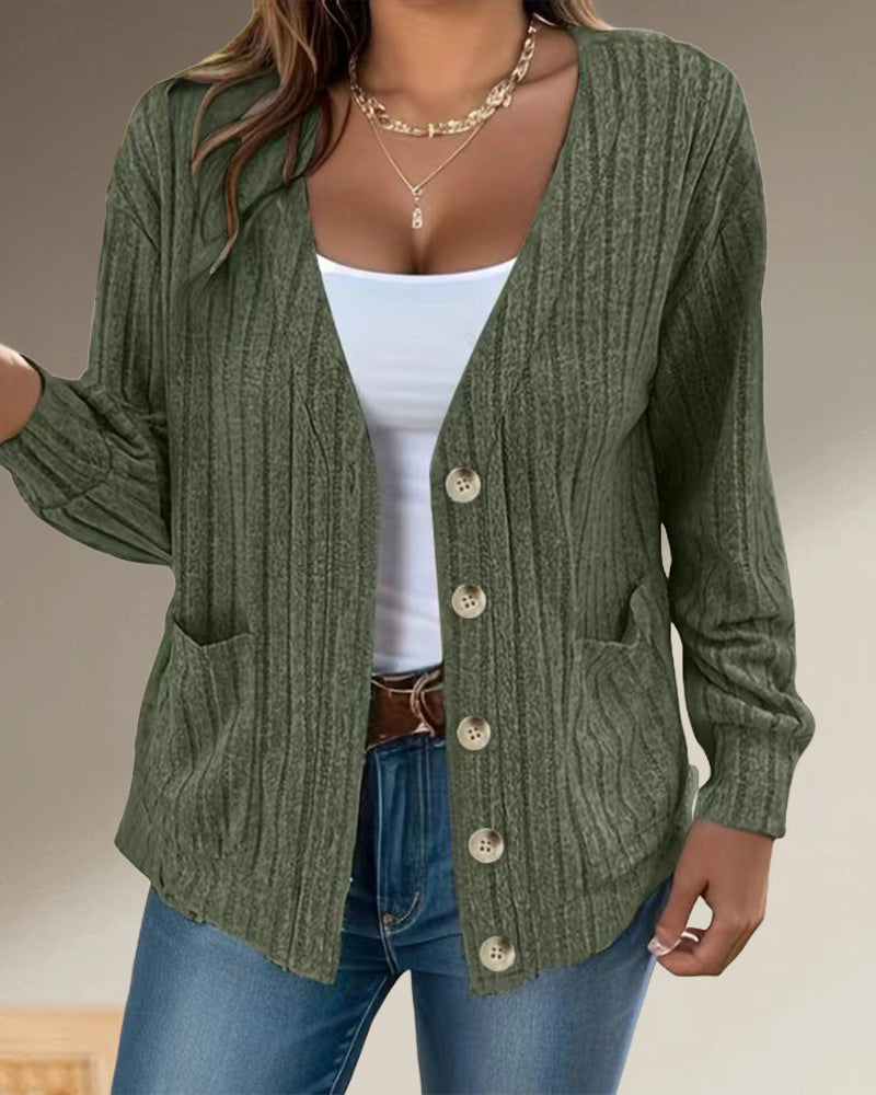 Ensfarvet V-halset langærmet cardigan