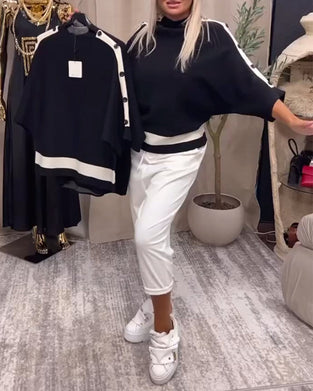 Sort sweater med hvid stribekant