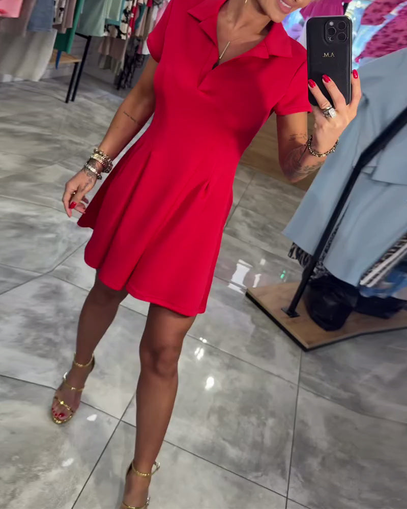 Kjole Revers Kortærmet Plisseret A-Linje