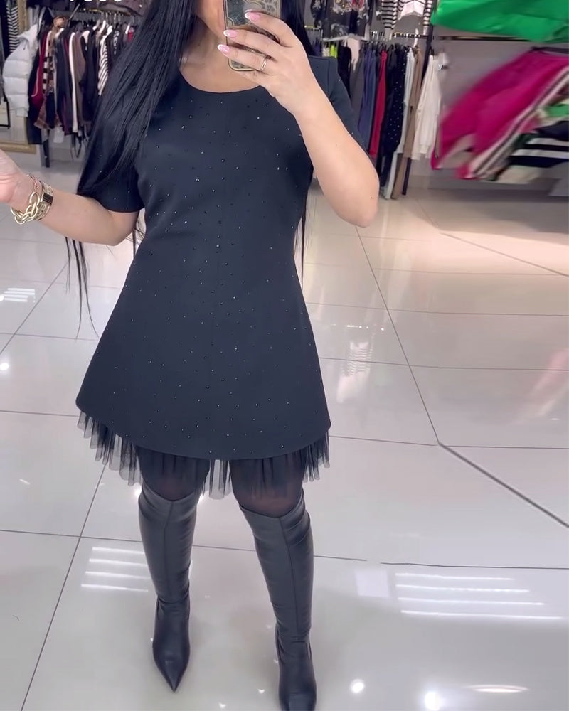 Kjole Med Kortærmet Mesh-Nederdel Med Perlesømme