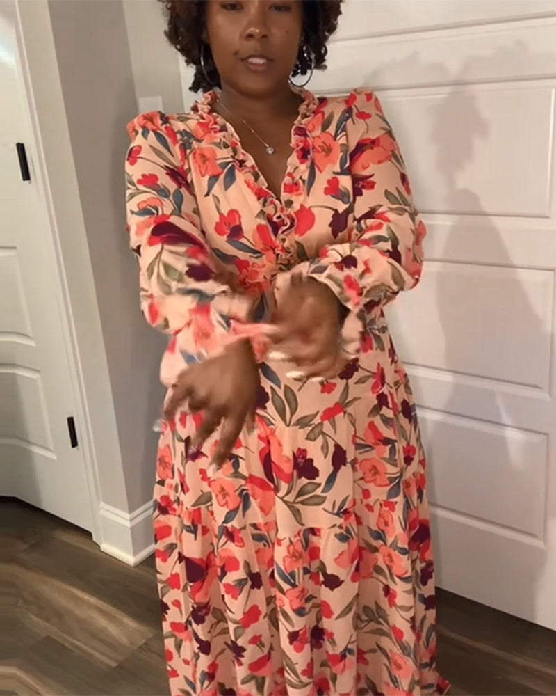 Kjole V-Hals Lange Ærmer Blomster