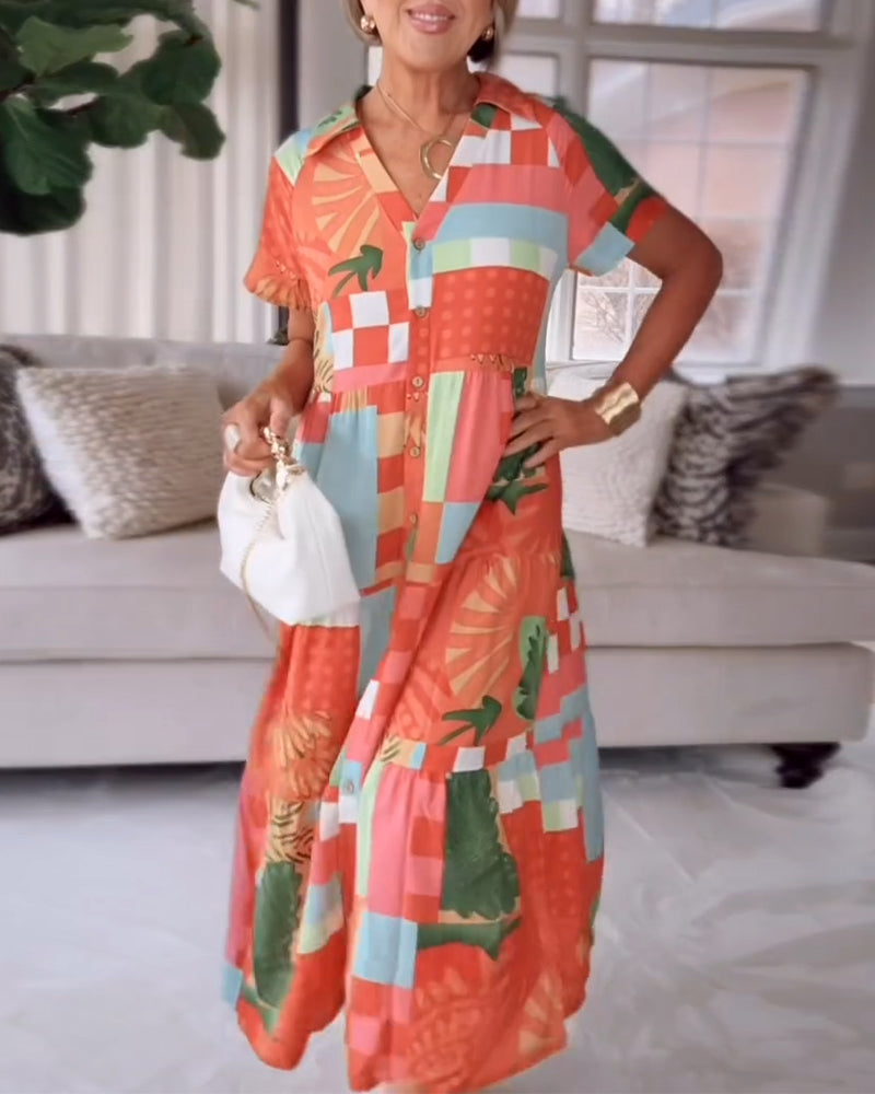 Kjole V-Hals Korte Ærmer Mønstret Casual