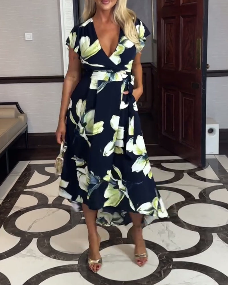 Kjole V-Hals Blomsterprint Talje Kortærmet