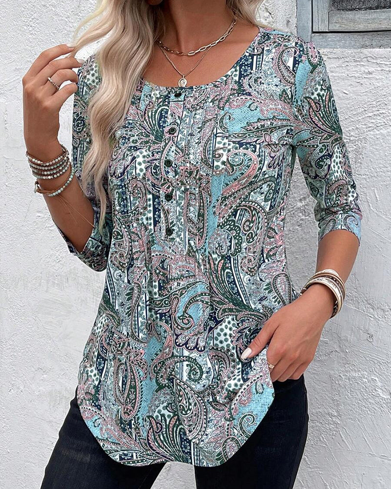 Bluse Trekvartsærme Vintage Tryk