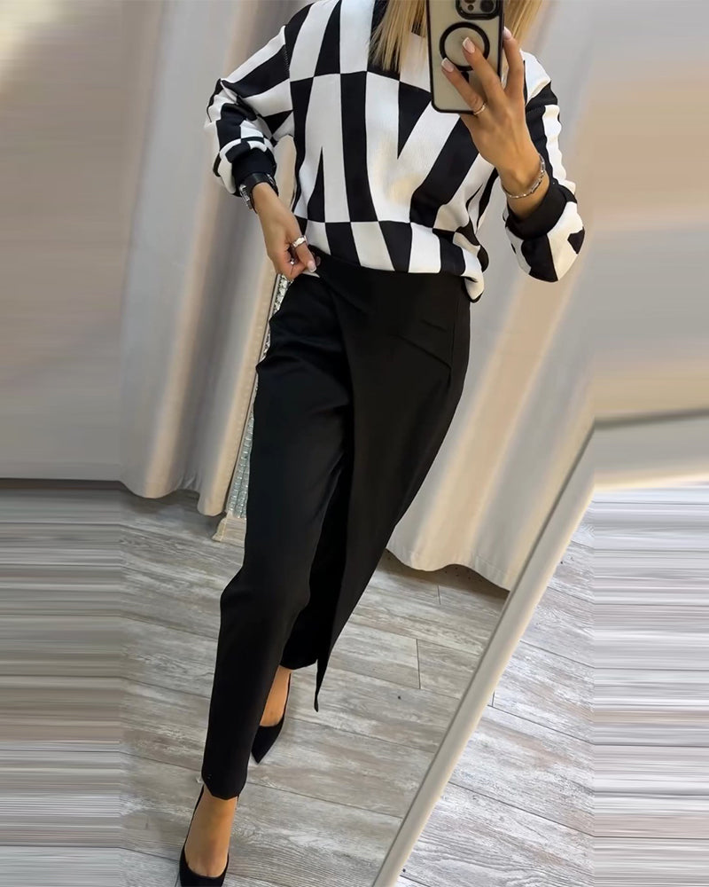 Sort/hvid sweatshirt med rund hals