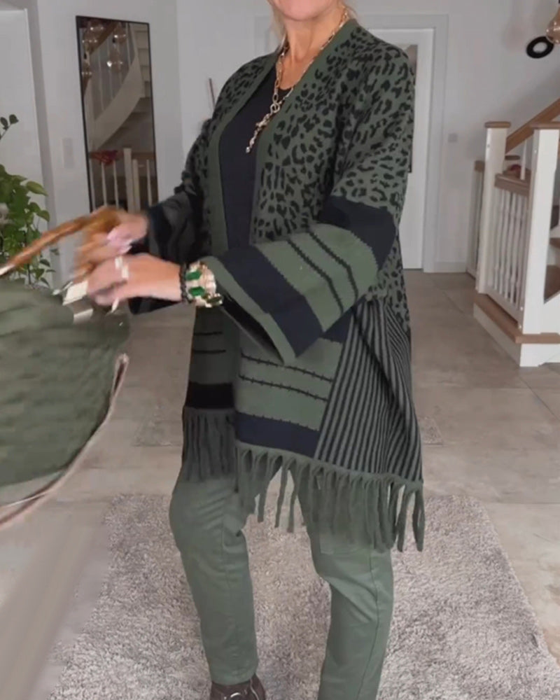 Langærmet cardigan med mørkt leopardprint