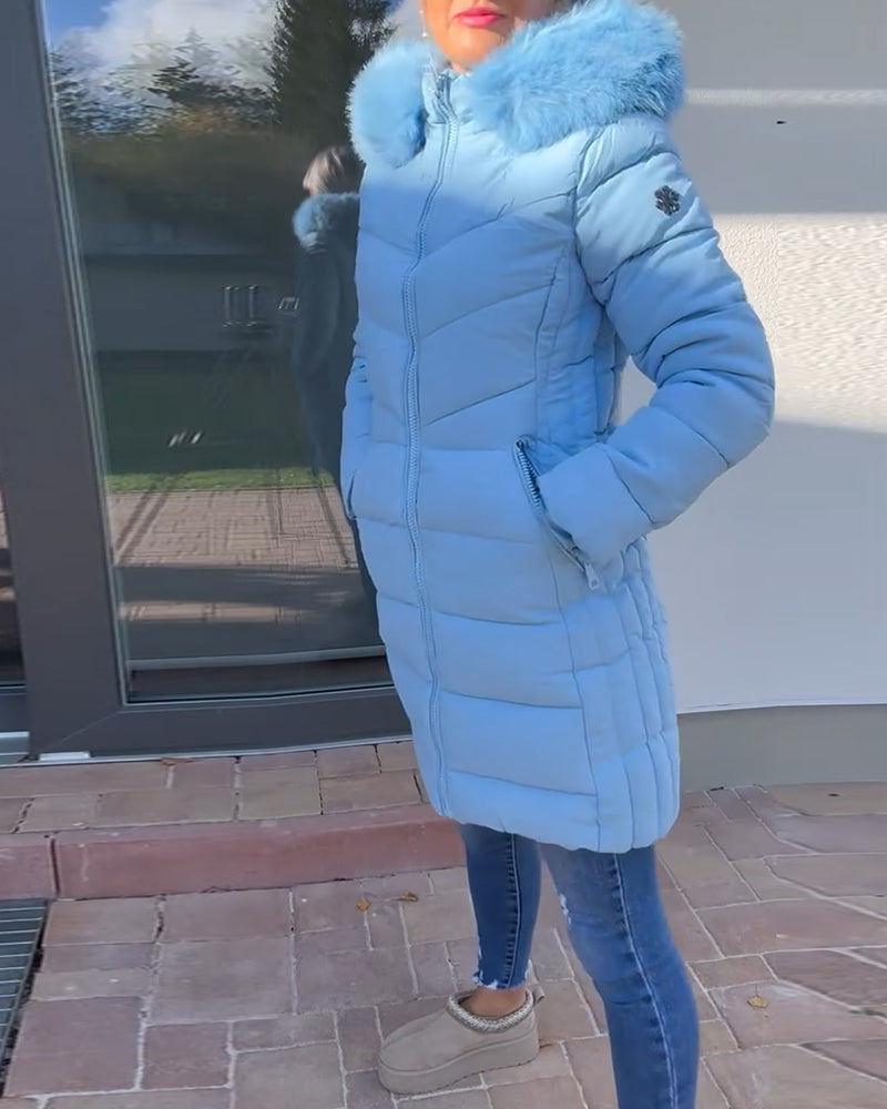 Ensfarvet vatteret jakke med lynlås og pelskrave