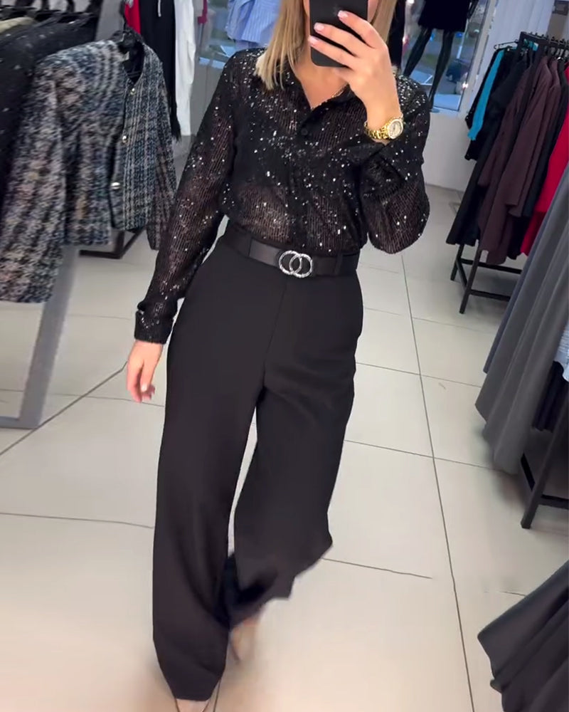 Button-Down Skjorte Med Pailletter I Revers