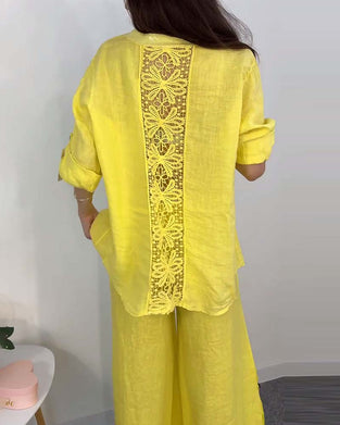 Gult to-delt sæt | Bukser og skjorte med blonder