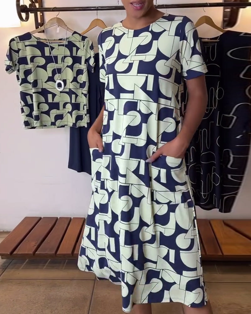 Kjole afslappet hver dag rund hals trykt