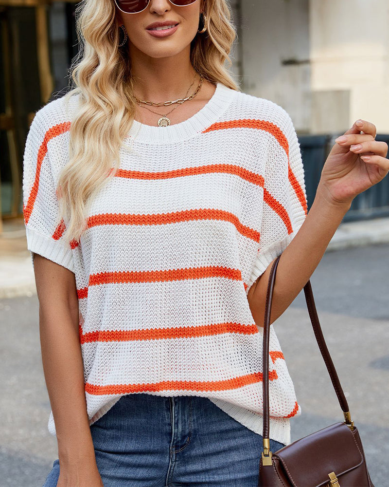 Sweater Stribet Drop Shoulder Kort Ærme